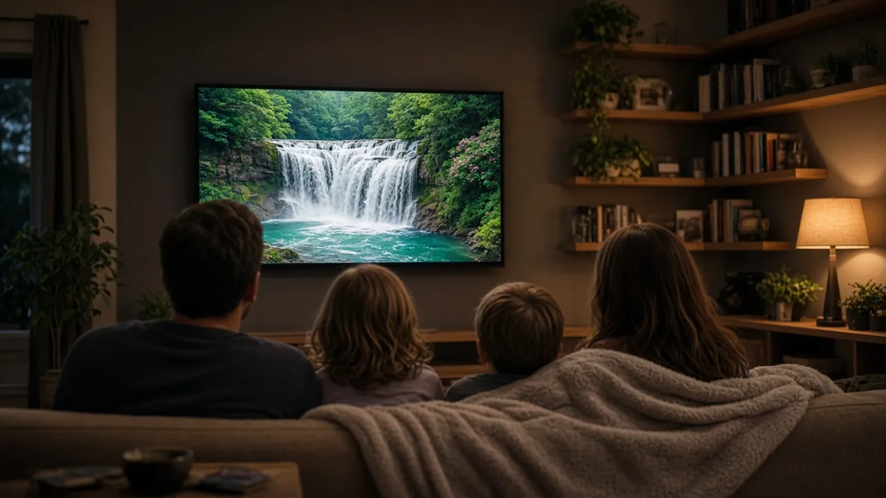 Une famille devant un documentaire en 4K le soir, au salon, avec IPTV Luxembourg