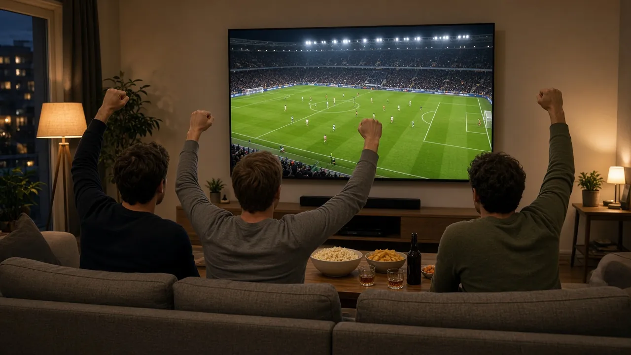 Des amis regardent un match de football en direct à la maison avec IPTV Luxembourg