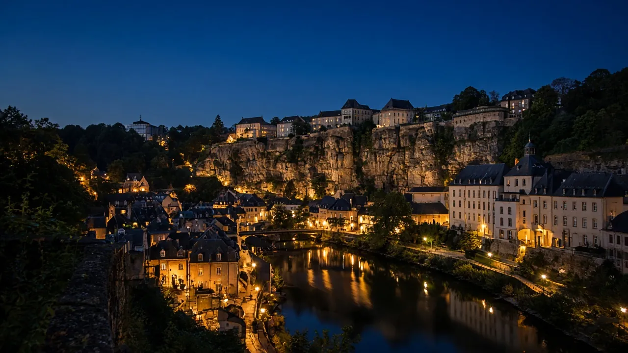 Le Grund et la vieille ville de Luxembourg illuminés la nuit, là où les clients IPTV Luxembourg regardent la télé