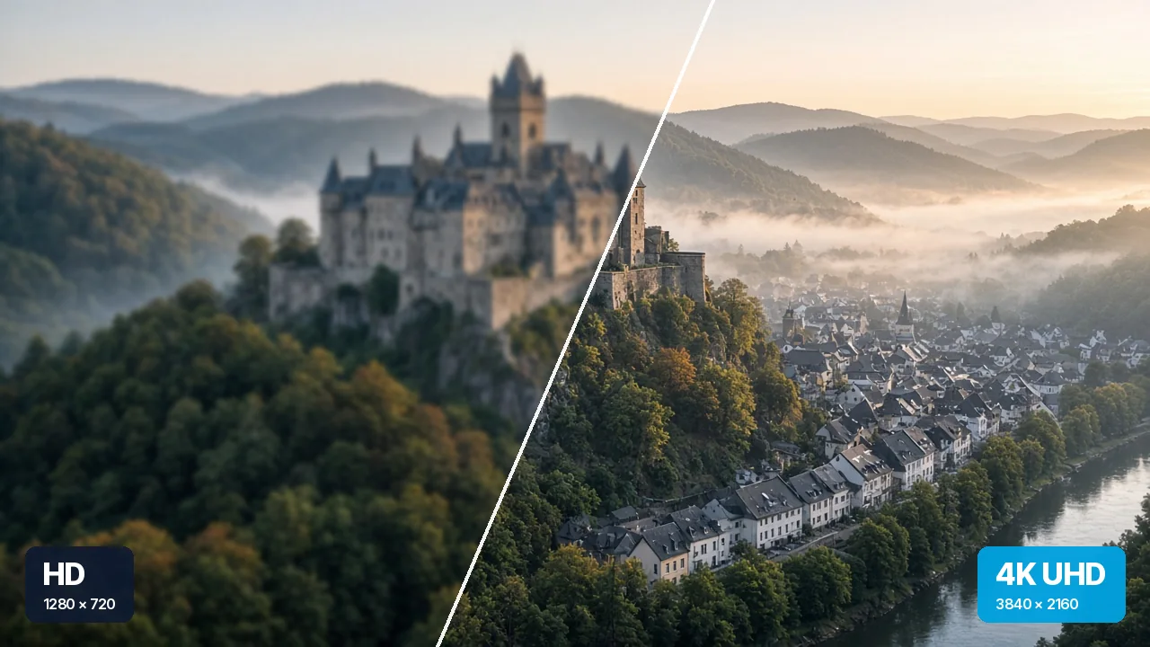 Qualité d’image IPTV Luxembourg : le même paysage de Vianden en HD et en 4K