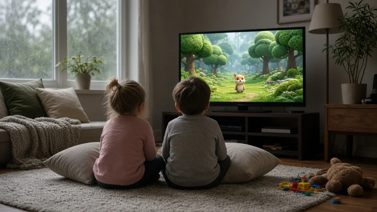 Deux enfants regardent des dessins animés sur la télé du salon avec IPTV Luxembourg