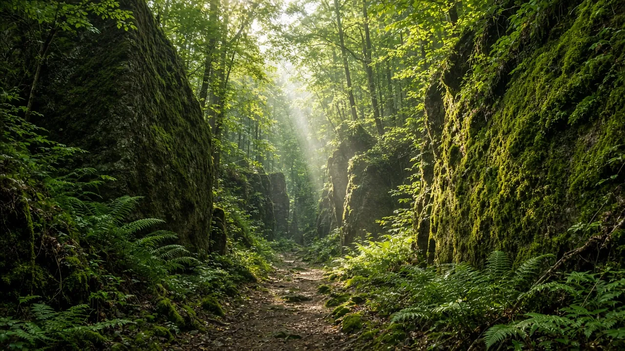 Sentier entre les rochers de grès du Mullerthal, la Petite Suisse luxembourgeoise