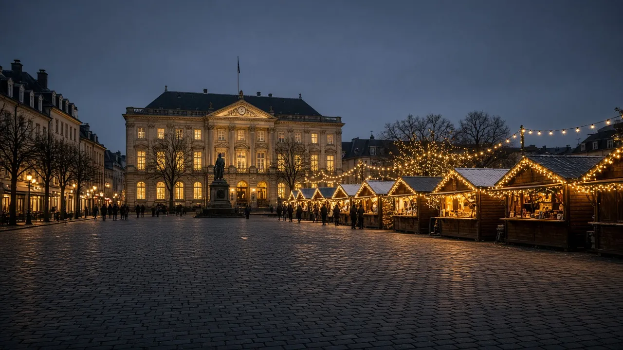 Marché de Noël place d’Armes et palais grand-ducal à Luxembourg en soirée