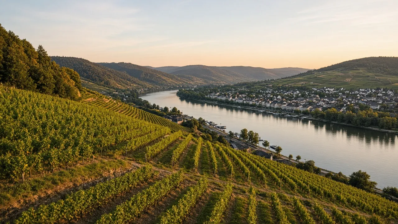 Vignes de la Moselle à Remich au coucher du soleil, à la frontière de la Grande Région